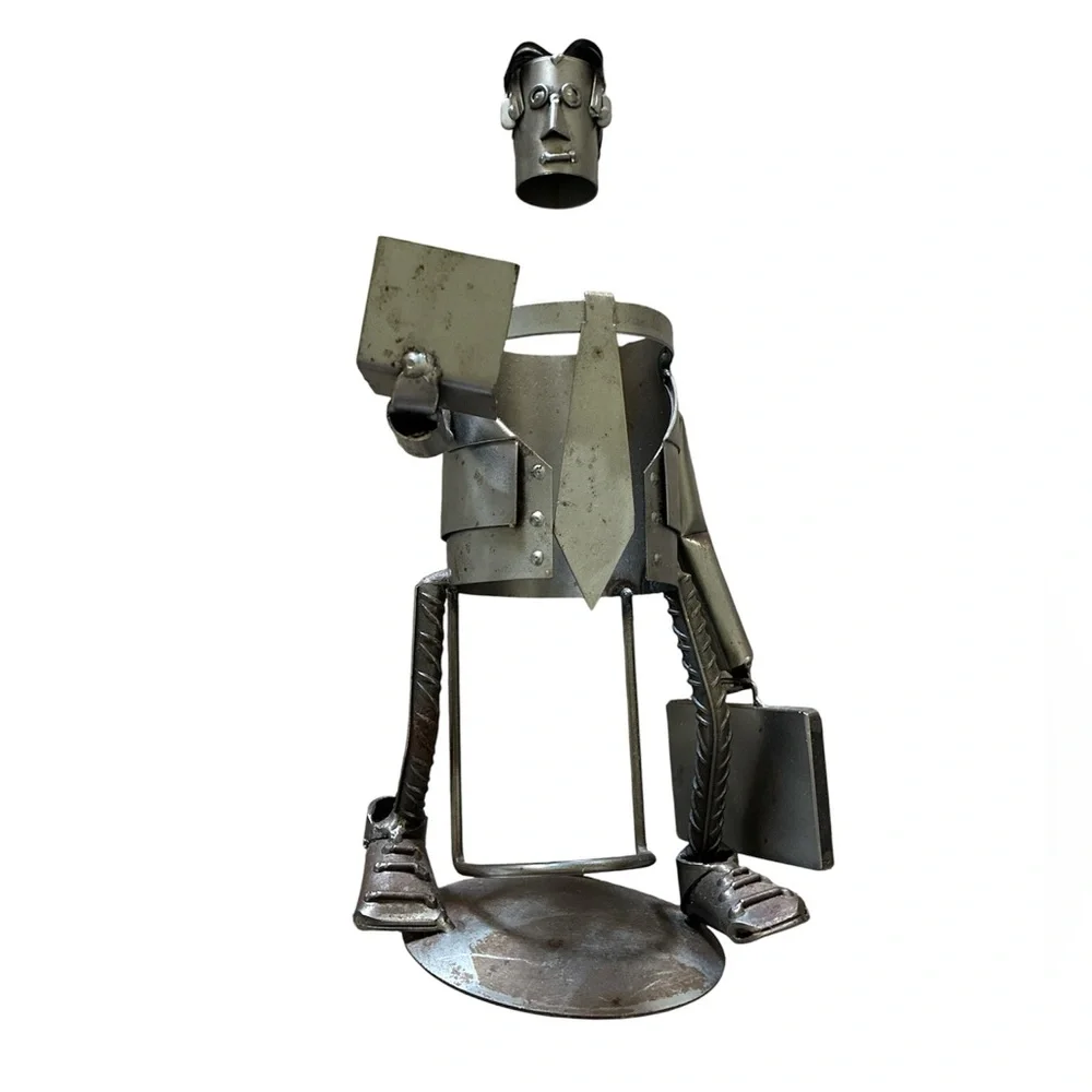 Businessman Wine Bottle Holder Metal Sculpture Laptop Technology Industrial ‘90s